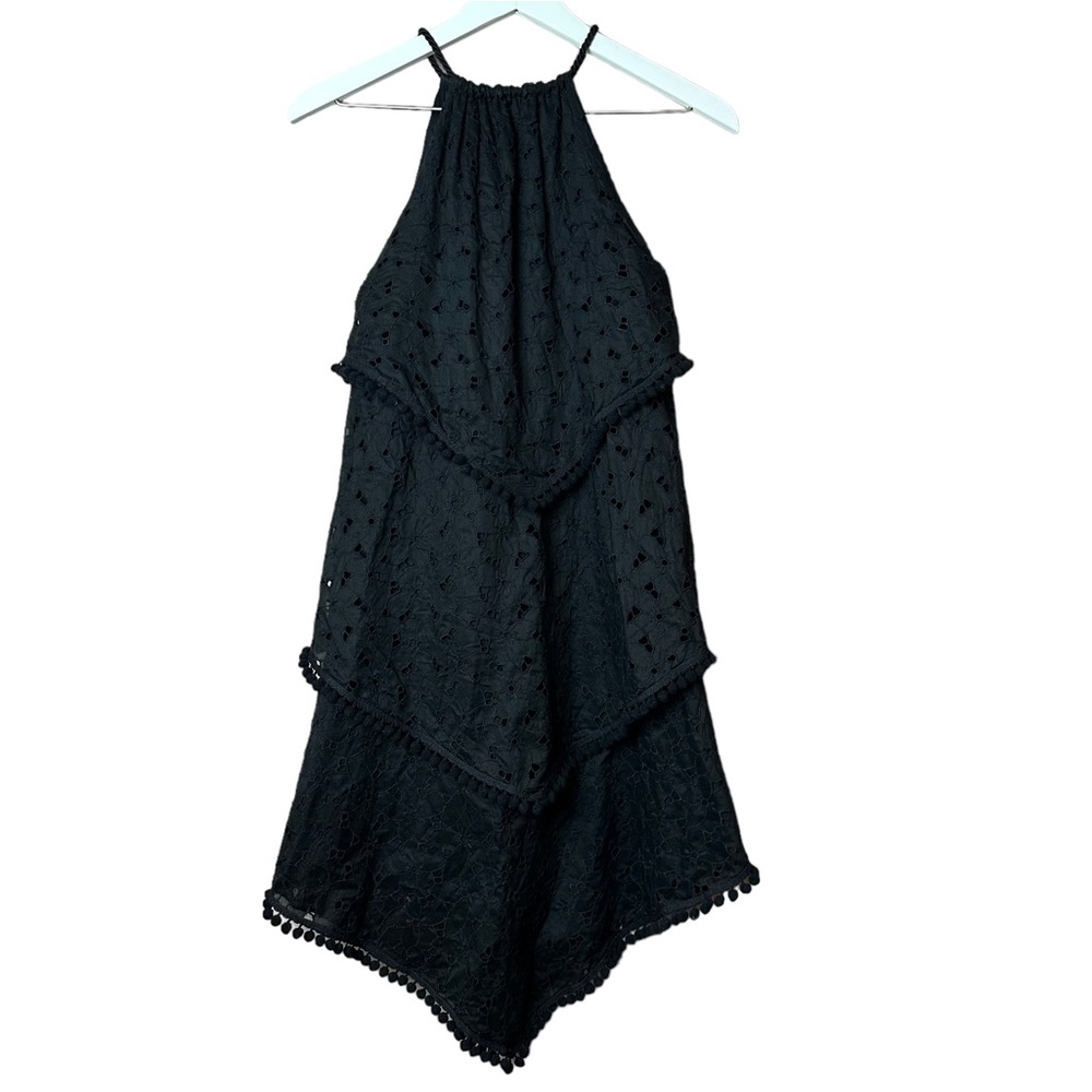 Hollywould Black Eyelet Lace Tiered Pom Sun Dress Women Sz 38 US 8